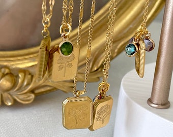 GOLD Birth Month Flower Square Necklace Vintage Square Zodiac Necklace Lotus Floral Pendant WATERPROOF Jewelry Personalized Christmas Gift