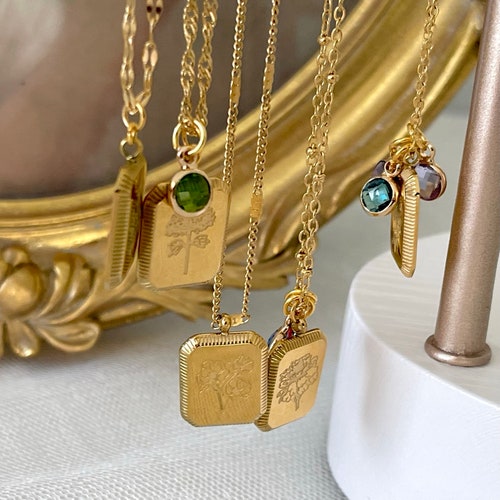 GOLD Birth Month Flower Necklace Birthstone Necklace Square Zodiac Rose Floral Pendant Jewelry WATERPROOF Birthday Gift for Her