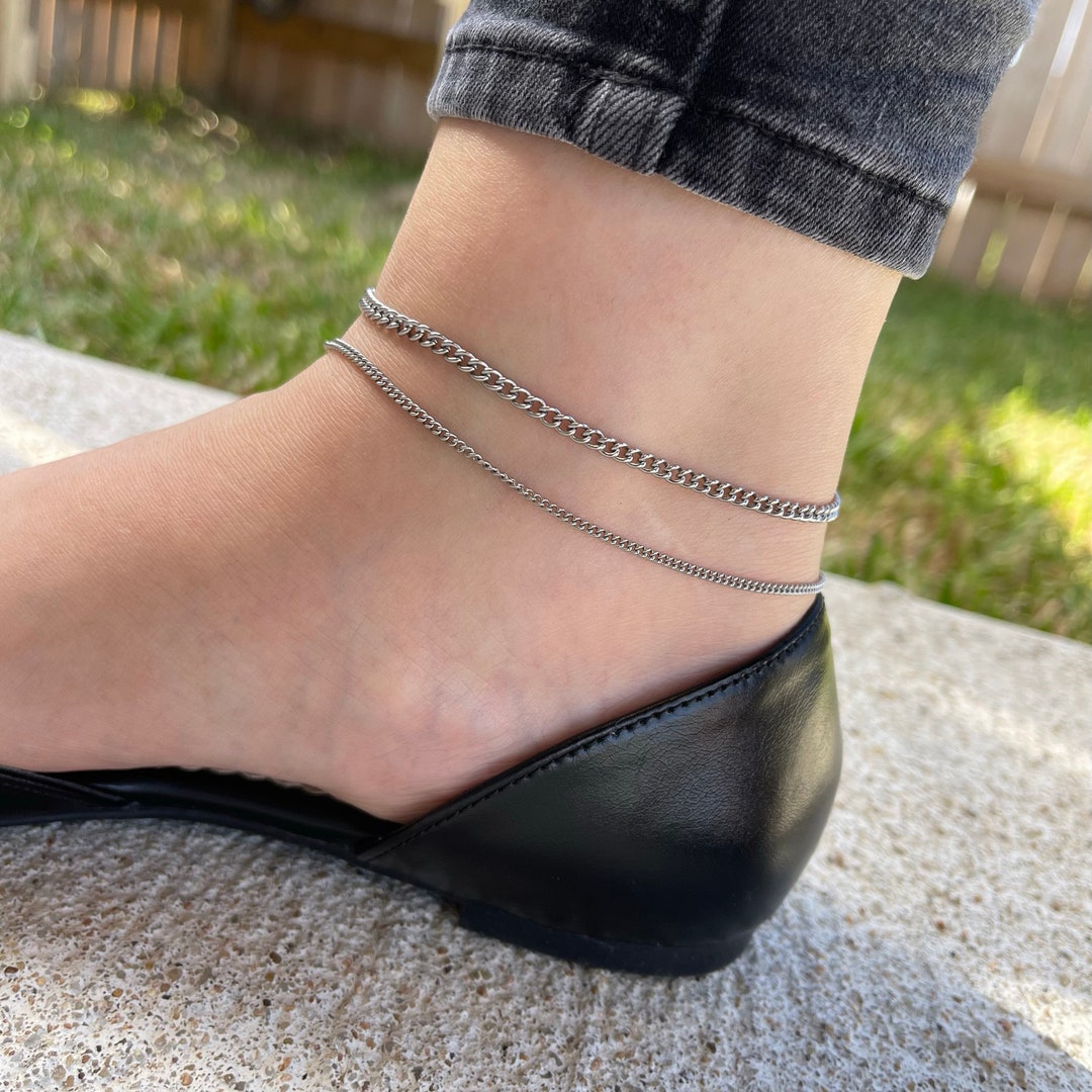 Miami Cuban Thick Chain Anklet, Dainty SILVER Curb Chain Anklet, Chunky