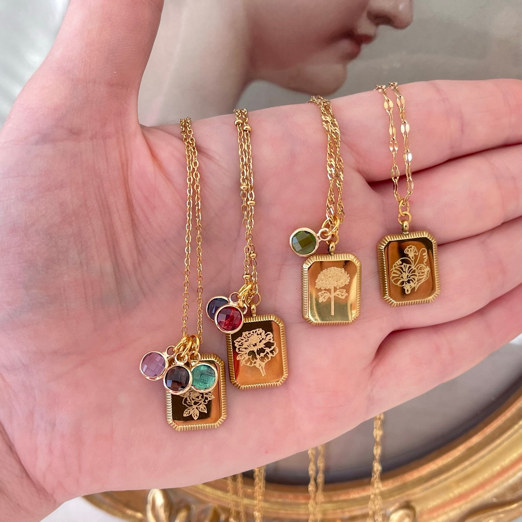 GOLD Birth Month Flower Necklace Birthstone Necklace Square Zodiac Rose Floral Pendant Jewelry WATERPROOF Birthday Gift for Her