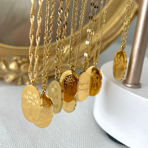 GOLD FILLED  Birthflower Necklace Floral Zodiac Necklace Flower Necklace Birth Month Pendant Waterproof Jewelry Personalized Christmas Gift