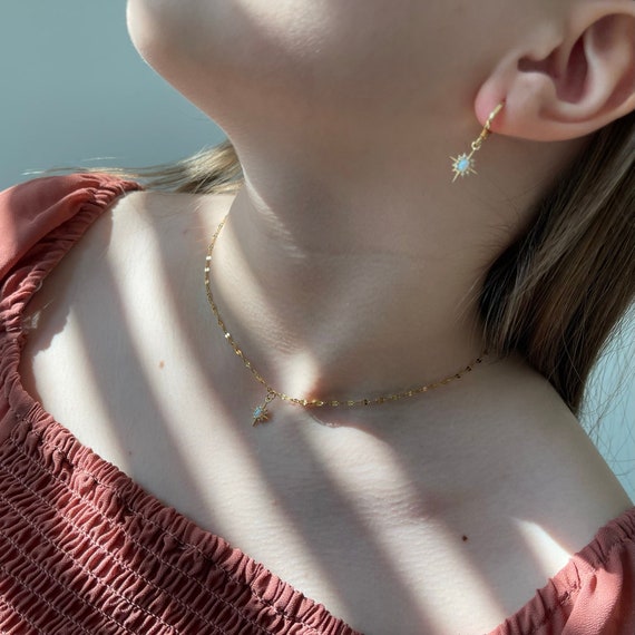 GOLD FILLED Opal Hoop Earrings • Birthday Gift • Celestial North Star Earrings • Dainty Gemstone Necklace • HYPOALLERGENIC Christmas Gifts