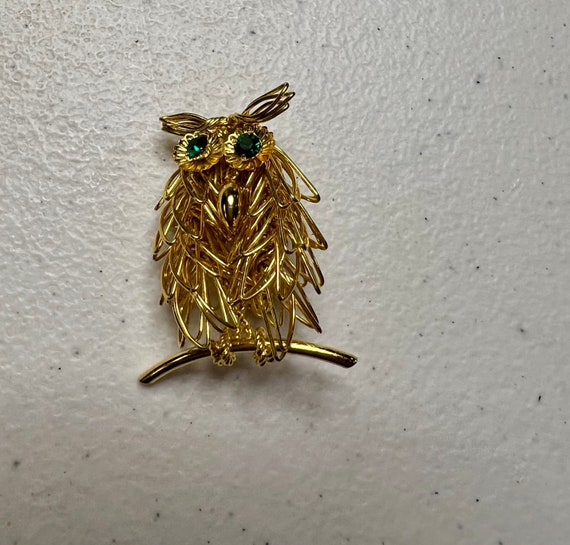 Gold Tone Wire Owl with Green Stones - image 3