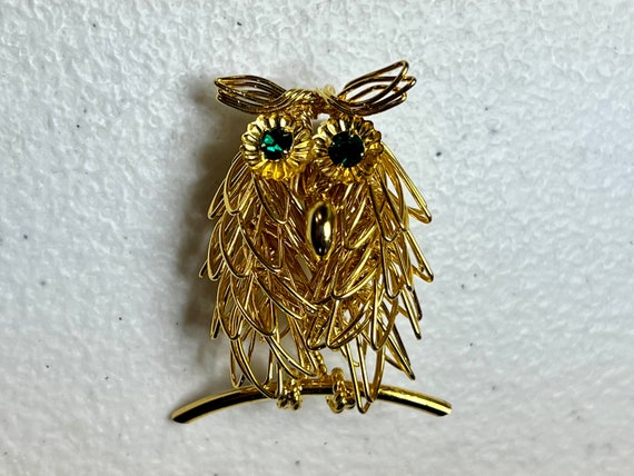Gold Tone Wire Owl with Green Stones - image 2