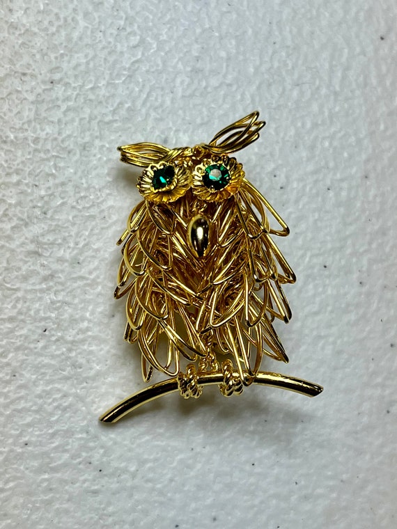 Gold Tone Wire Owl with Green Stones - image 1