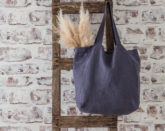 Sacola de compras dobrável em linho 100% cinza escuro com bolso, acabamento stonewashed.