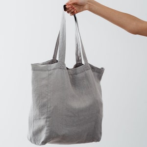 Sac shopping en lin,Sac en lin gris clair,Lin lavé, Sac en lin pour les courses, Grand sac en lin réutilisable, Sac durable, Sac avec poche