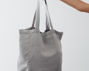 Linen shopping bag,Light grey linen bag,Stonewashed linen, Linen bag for groceries, Reusable linen big bag, Sustainable bag, Bag with pocket