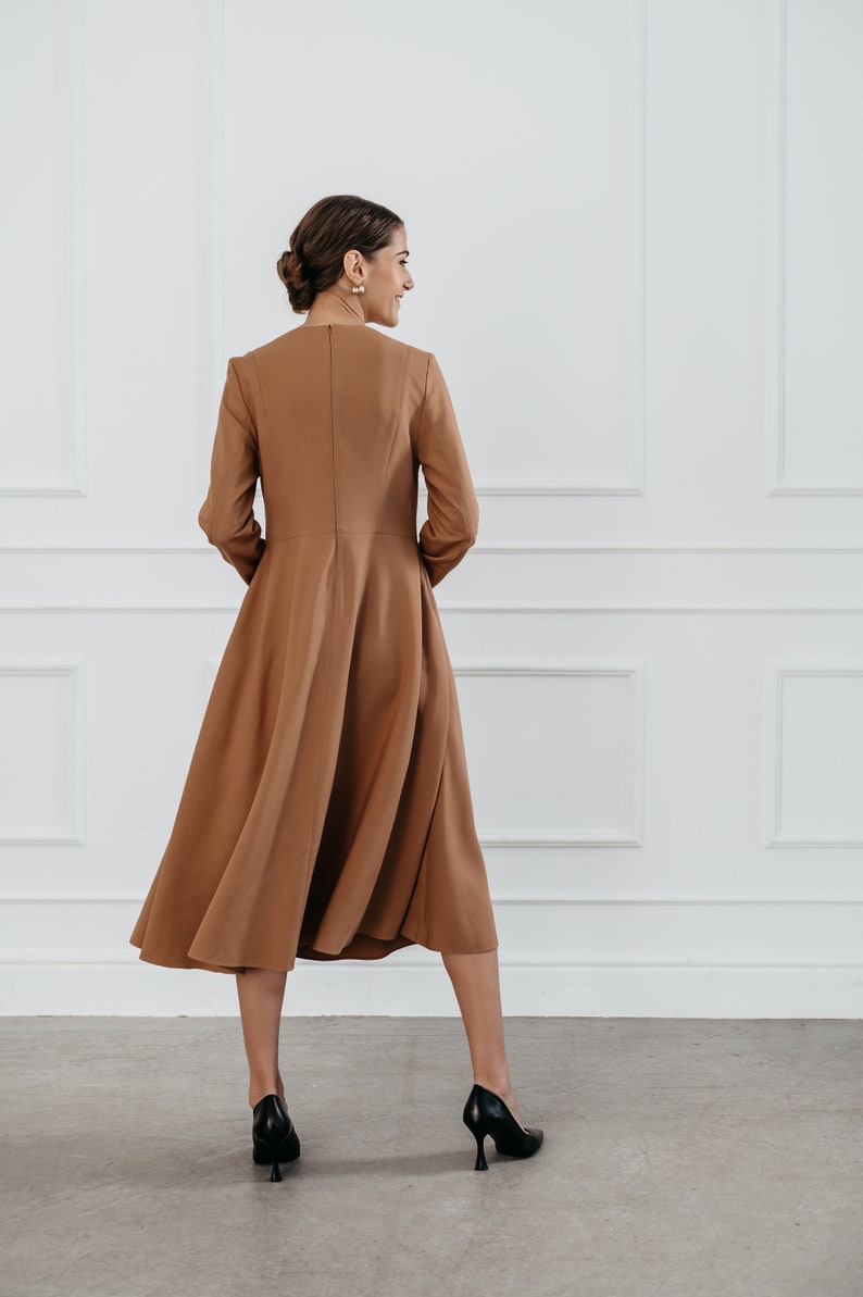 Wear to work modern fit waist cut midi length dress, Long sleeves with wrinkled chest, Comfort lining, Modern dress for unique office day image 5