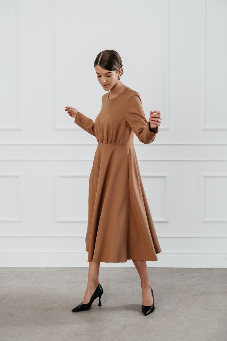 Wear to work modern fit waist cut midi length dress, Long sleeves with wrinkled chest, Comfort lining, Modern dress for unique office day image 4