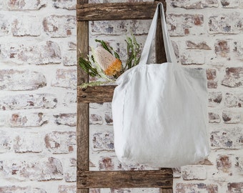 Linen shopping bag. Light grey linen bag. Stonewashed linen. Linen bag for groceries. Reusable linen bag. Sustainable bag. Bag with pocket