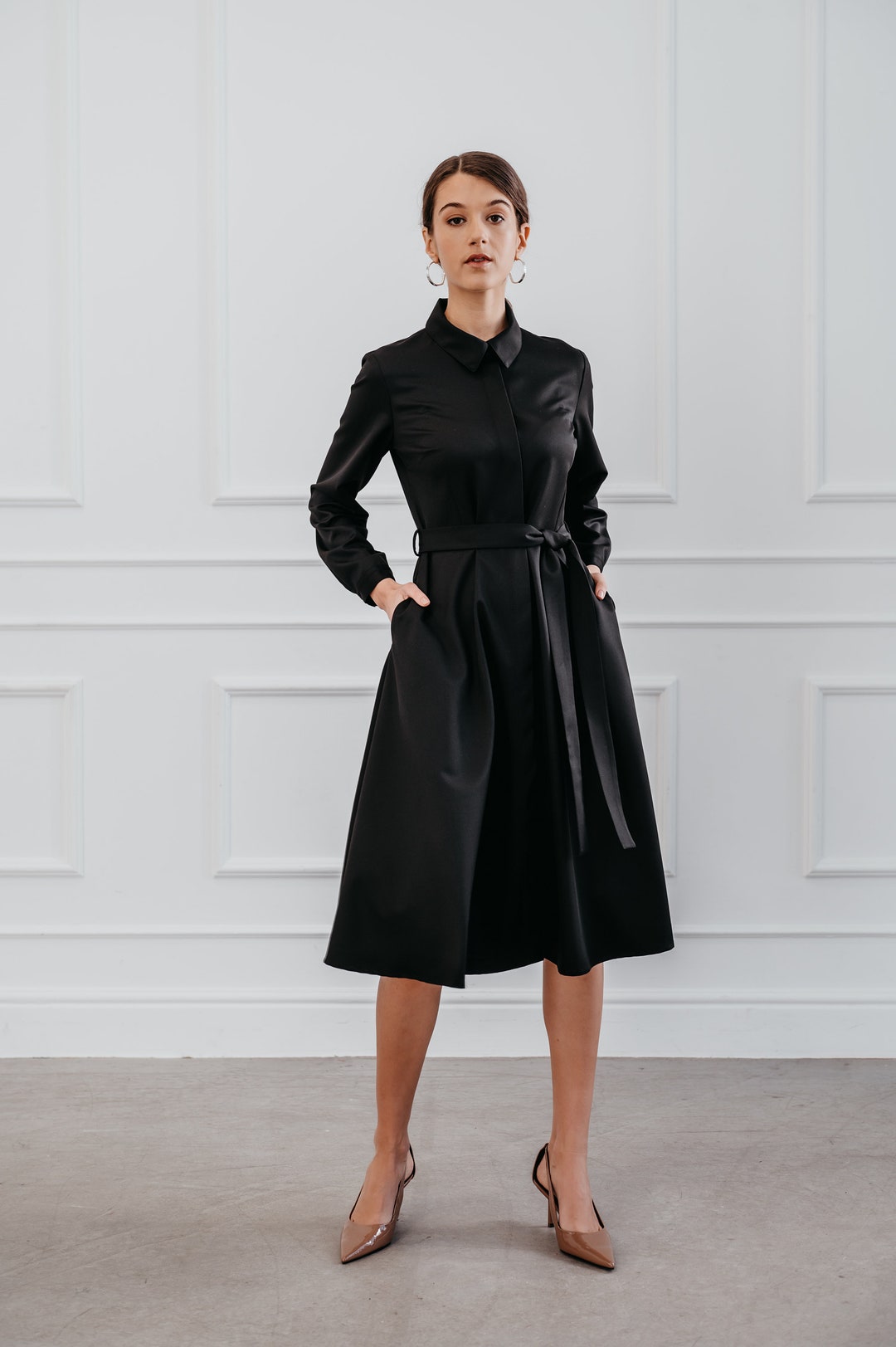 Black Midi Shirt Dress: Belted Long Sleeve Formal Wear