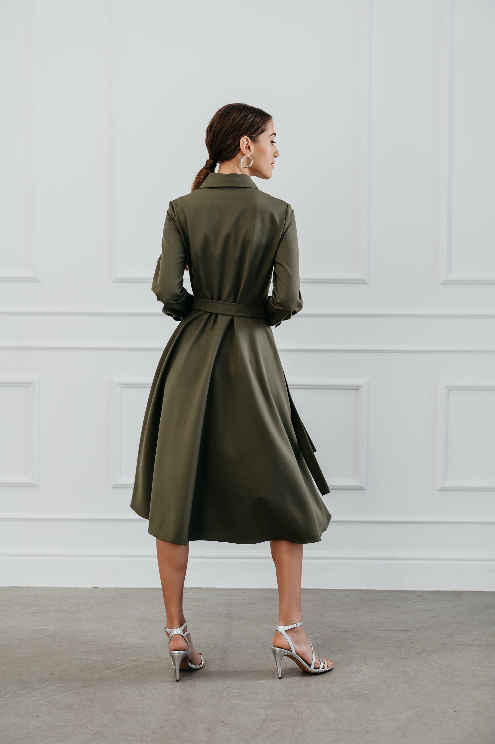green long sleeve swing dress Women's Spring summer Swing Dress, Long sleeve Dress, Midi Dress, Fit and Flare Dress, Dress With Pockets, Handmade Dress, Xiaolizi 3319#