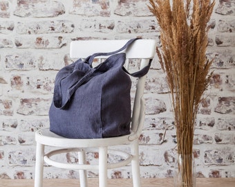 Stylish Dark Grey Linen Tote with Inner Pocket. Reusable linen bag. Linen market bag. Large Stonewashed Linen Bag for Groceries.