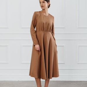 Wear to work modern fit waist cut midi length dress, Long sleeves with wrinkled chest, Comfort lining, Modern dress for unique office day image 2