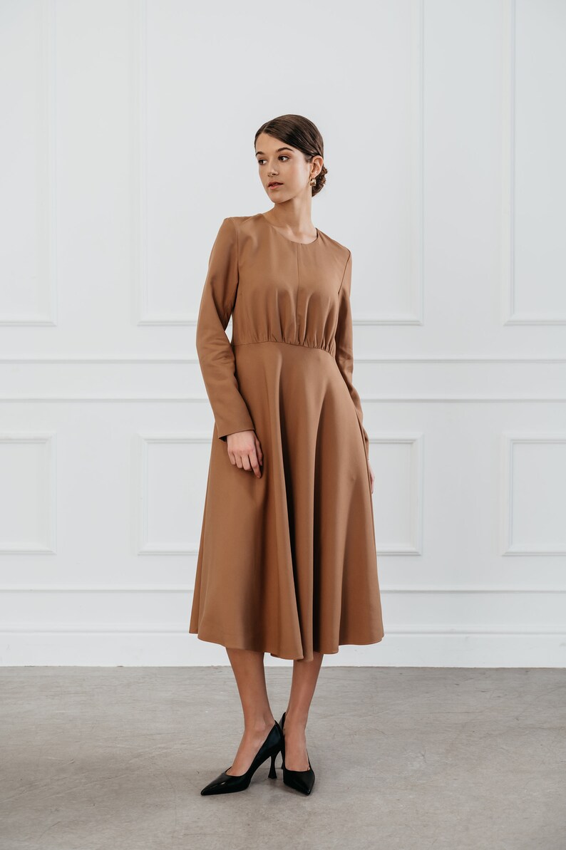 Wear to work modern fit waist cut midi length dress, Long sleeves with wrinkled chest, Comfort lining, Modern dress for unique office day image 2