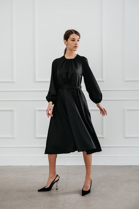raglan sleeve tie front flare satin dress tie sleeve: Dresses For Women