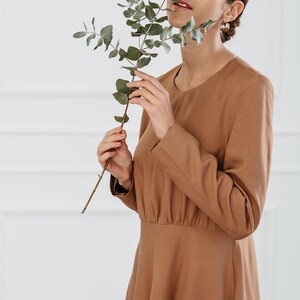 Wear to work modern fit waist cut midi length dress, Long sleeves with wrinkled chest, Comfort lining, Modern dress for unique office day image 6