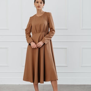 Wear to work modern fit waist cut midi length dress, Long sleeves with wrinkled chest, Comfort lining, Modern dress for unique office day image 1