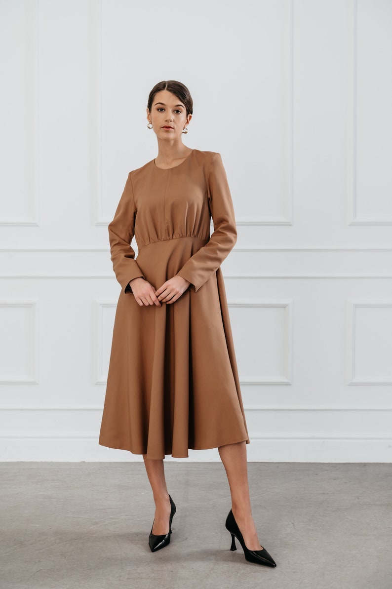 Wear to work modern fit waist cut midi length dress, Long sleeves with wrinkled chest, Comfort lining, Modern dress for unique office day image 1