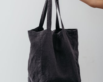 Linen bag with pocket inside Linen shopping bag Dark grey linen bag. Stonewashed linen bag. Linen bag for groceries. Reusable linen big bag.