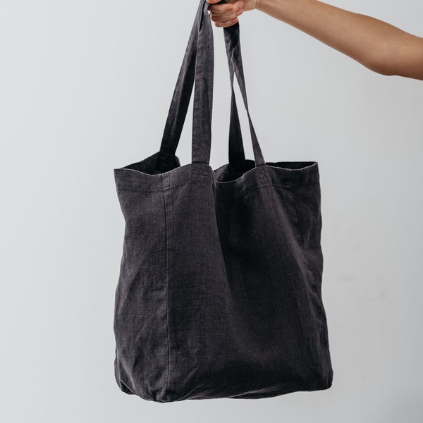 Linen bag with pocket inside Linen shopping bag Dark grey linen bag. Stonewashed linen bag. Linen bag for groceries. Reusable linen big bag.