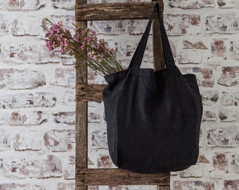 Large linen bag, linen shopping bag, roomy linen shopping bag in black colour, tote bag, market bag, bag with pocket inside