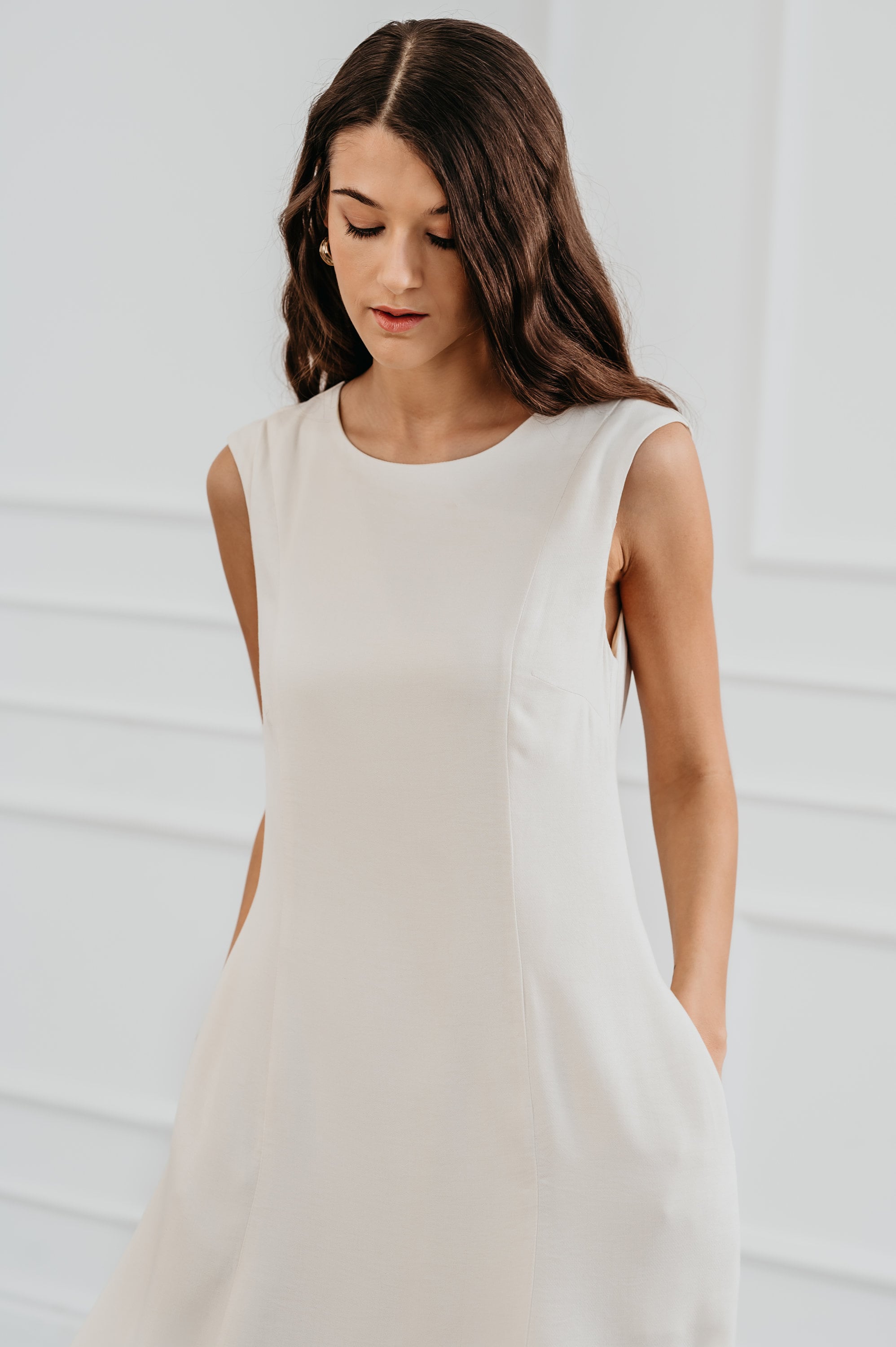 White Viscose Midi Dress: Sleeveless Fit & Flare with Pockets