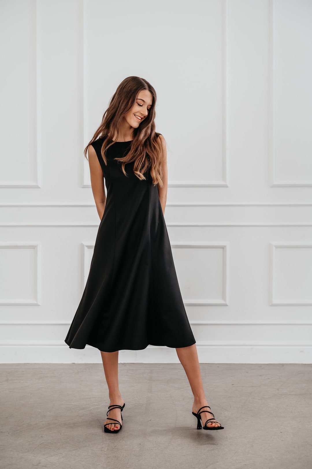 black dress with yellow shoes Veronica Beard Charissa Stretch-Cotton Midi Dress | Black