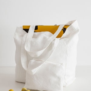 Borsa tote in lino bianco ecologico – Borsa a tracolla minimalista con tasca, borsa riutilizzabile da regalo per la spesa