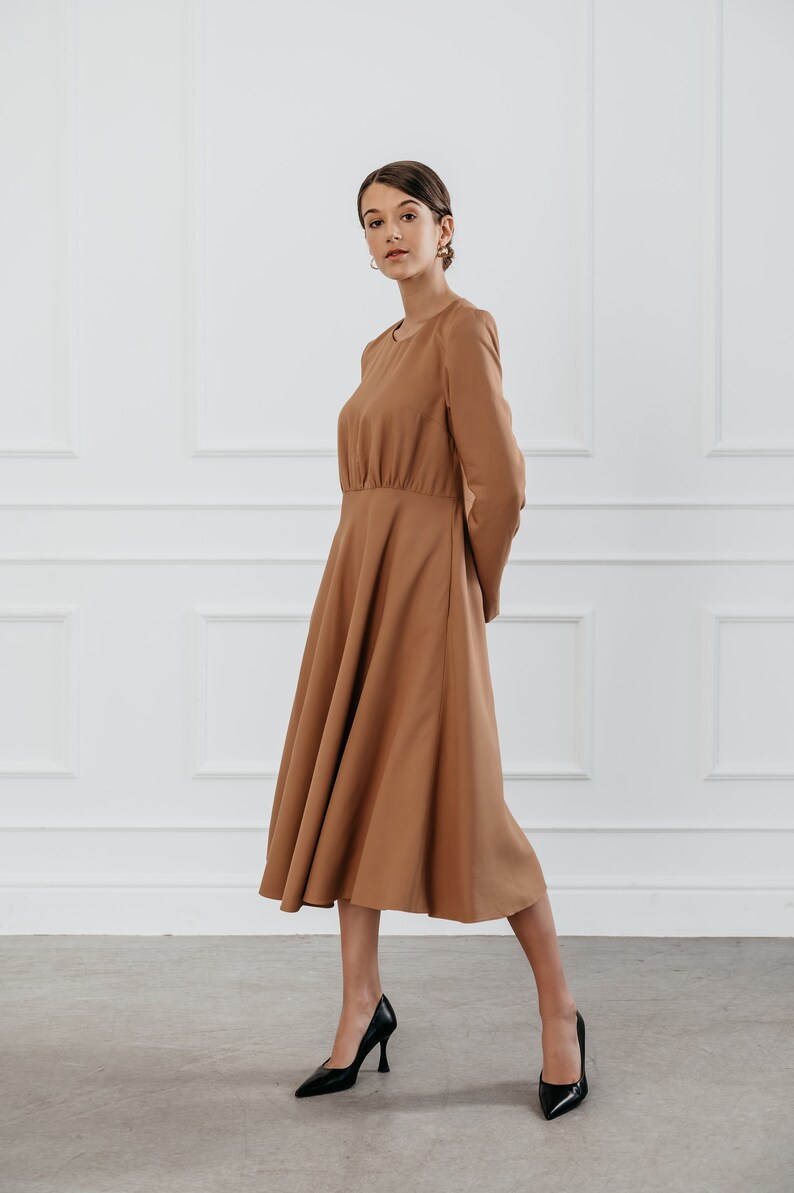 Wear to work modern fit waist cut midi length dress, Long sleeves with wrinkled chest, Comfort lining, Modern dress for unique office day image 3