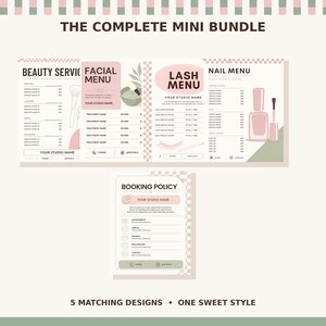 Editable Beauty Salon Canva Templates Bundle | 5 Spa, Lash and Nail Menus + Booking Policy | Pink & Sage Check