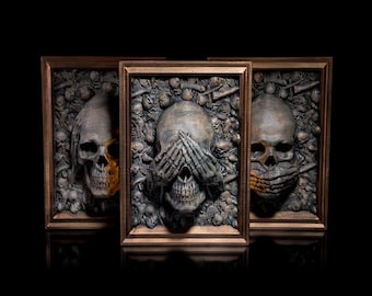 Hear See & Speak No Evil Skulls 3D Painting | Optical Illusion Buddhia Buddha Decor | 3 Wise Skulls | Decorative Gothic Halloween Horror