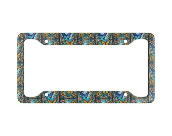 Marco para matrícula con diseño de mariposa amarilla y azul, estilo vidriera.