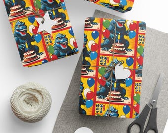 Wrapping Paper, Godzilla Birthday Gift Wrap, Japanese Art, Vintage Comic Book Design, Birthday Party Supplies, Gift Wrap Roll, Gift