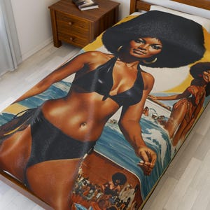 Velveteen Plush Blanket, 70s Style Blaxploitation Black Movie Art, Black Girl, Vintage Decor, Home Throw, Retro Afrocentric Bedding,