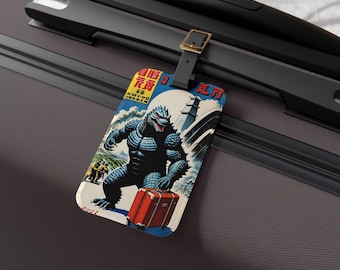 Comic Godzilla World Traveler Luggage Tag, Vintage Japanese Comic Book Style, Fun Gift for Dad or Kids, Travel Accessory, Suitcase ID Tag