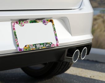 Cornice portatarga in metallo con Godzilla floreale "Best Mom Ever" / Girasole, fiori rosa