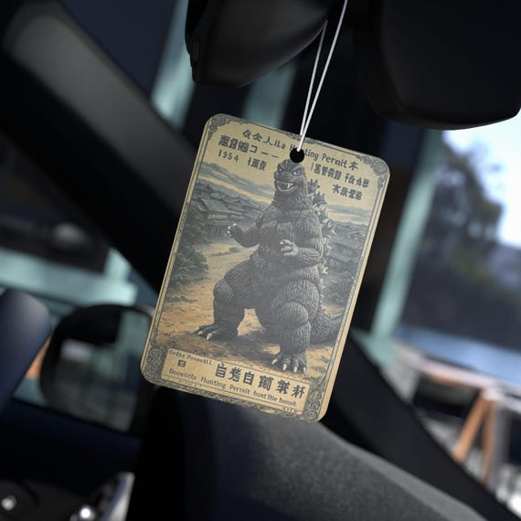 Vintage Godzilla Hunting Permit Car Air Freshener, Japanese Kaiju
