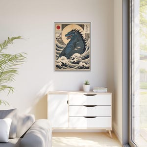 Framed Godzilla Canvas wall Art, Godzilla Vintage Japanese Monster Illustration, Retro Style Wall Decor, Collectible Artwork, Framed Print
