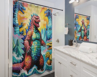 Rare red Godzilla traditional Japanese style Shower Curtain 71x74, Godzilla world impressionist fan art gift