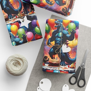 Godzilla Birthday Wrapping Paper, Custom Gift Wrap, Luxury Birthday Decoration, Unique Party Supplies, Kaiju Theme Decor, Personalized image 10
