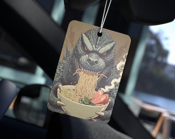 Godzilla Eating Ramen Car Air Freshener | Monster Noodle Illustration