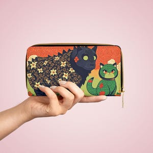 Reißverschluss Geldbörse, ausgefallene Geldbörse, kleine Geldbörse, Cat Godzilla Art, Vintage Design, Geschenke für Sie