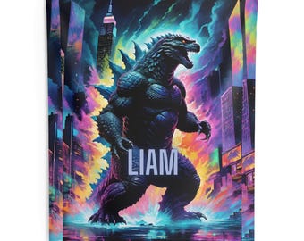 Personalized Godzilla Tapestry Wall Art, Personalized Teenager Bedroom Decor, Kids Room Wall Hanging, Cool Son Gift, Boys Room Decor