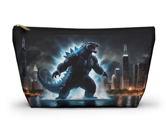 Godzilla Atomic Chicago Accessory Pouch w T-bottom, Pencil Bag, Makeup Bag, Multi Use Travel Bag, Chicago Gift, Godzilla Gift