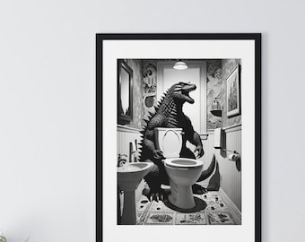 Godzilla Bathroom Wall Art, Japanese Kaiju Decor, Funny Monster Poster, Classy Toilet Art, Bathroom Decorations
