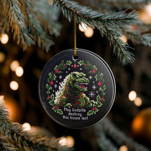 Zabawna ozdoba świąteczna z motywem Godzilli, ceramiczna dekoracja choinkowa w stylu pikselowym, oby Godzilla zniszczyła ten dom po raz ostatni