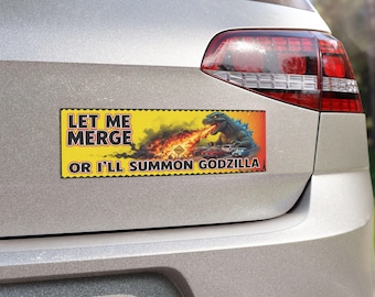 Let Me Merge or I’ll Summon Godzilla Bumper Magnet | Funny Road Rage Car Magnet | Humorous Godzilla Decal | 10x3 In Magnetic Bumper Sticker