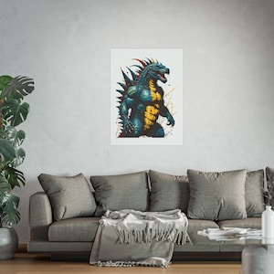 Godzilla Splatter Poster, Einzigartiger Wohnzimmer Kunstdruck - Satin Archival Matte Wandkunst, Godzilla Film Fan Geschenk, Monster Dekor, Cooler Raum